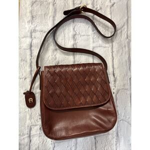 Vintage Etienne Aigner Brown Woven Leather Crossbody Bag Purse